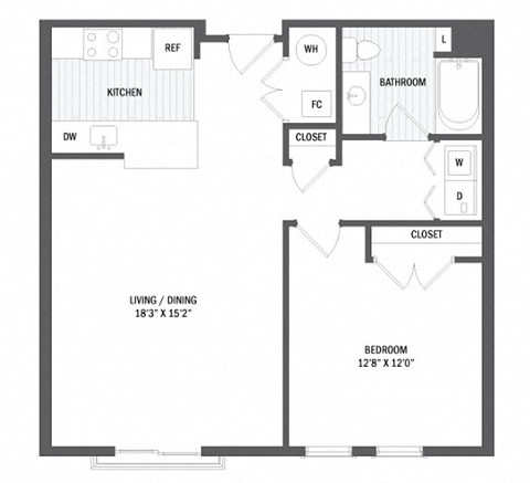 Floor plan for 1 bed, 1 bath, 632 sqft